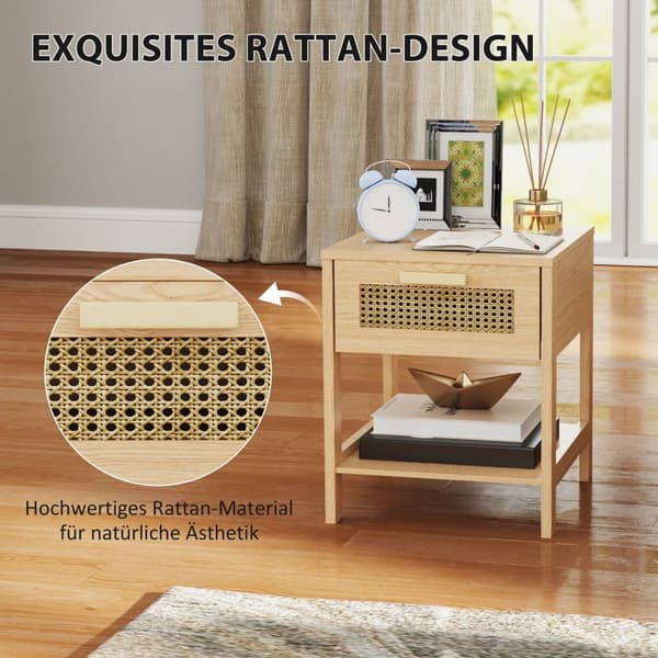 Rootz Bedside Night Cabinet - Side Bord med skuffe - MDF - Rattan Design - 40 x 40 x 48,4 cm