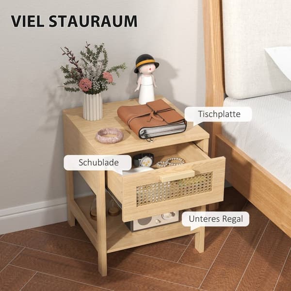Rootz Bedside Night Cabinet - Side Bord med skuffe - MDF - Rattan Design - 40 x 40 x 48,4 cm