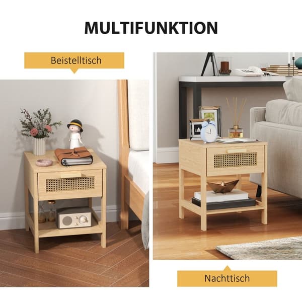 Rootz Bedside Night Cabinet - Side Bord med skuffe - MDF - Rattan Design - 40 x 40 x 48,4 cm