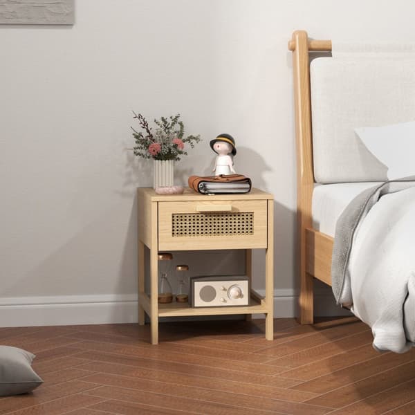 Rootz Bedside Night Cabinet - Side Bord med skuffe - MDF - Rattan Design - 40 x 40 x 48,4 cm