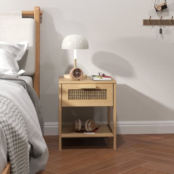 Rootz Bedside Night Cabinet - Side Bord med skuffe - MDF - Rattan Design - 40 x 40 x 48,4 cm