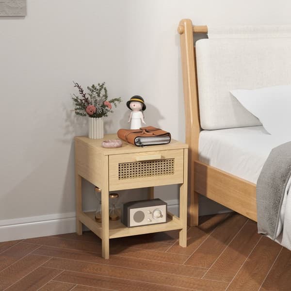 Rootz Bedside Night Cabinet - Side Bord med skuffe - MDF - Rattan Design - 40 x 40 x 48,4 cm