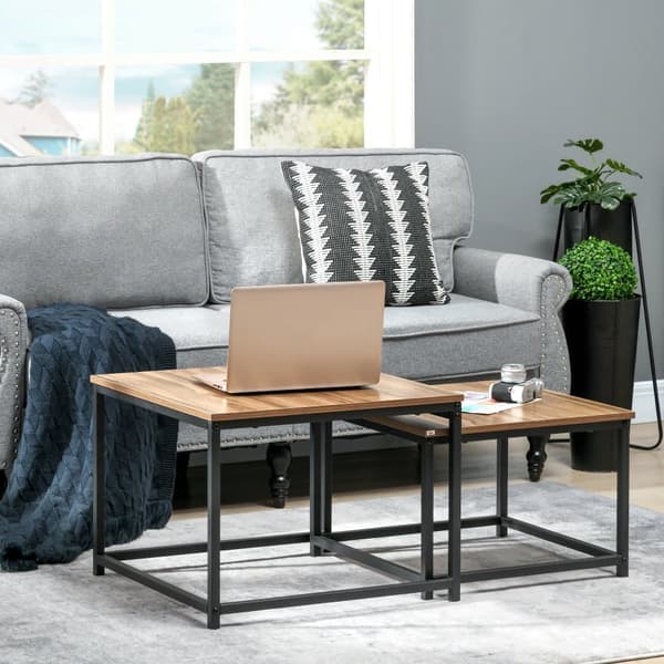 Soffbord 2 delar, sidobord i industriell design, soffbord med träutseende och naturlig färg