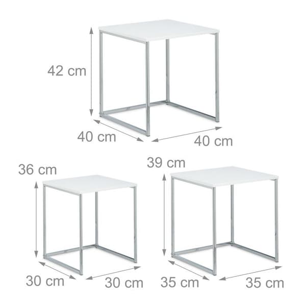 Relaxdays Set med 3 förvaringsbord, modern design, i MDF och metall (stål), H x B x D: ca. 42 x 40 x 40 cm, vit