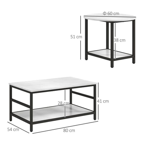 Kaffebord Set, 80x54x41 cm 60x60x51 cm, Svart Vit