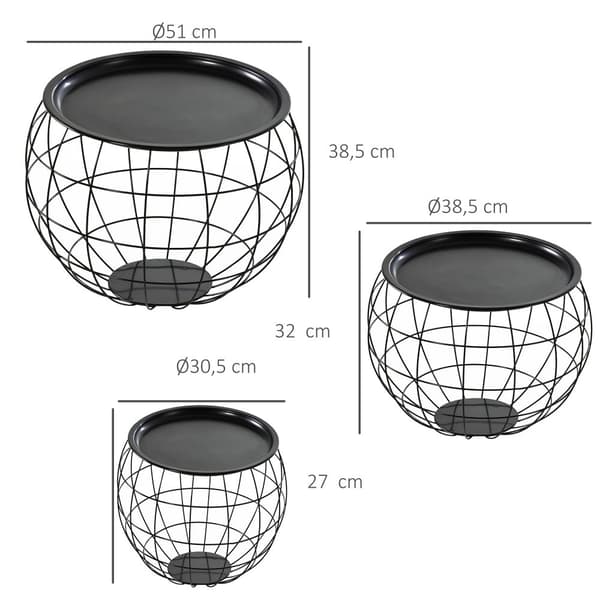 Kaffebordssæt, 3er-Set, Ø51 x 38,5H cm (stor), Ø38,5 x 32H cm (medium), Ø30,5 x 27H cm (lille), Sort