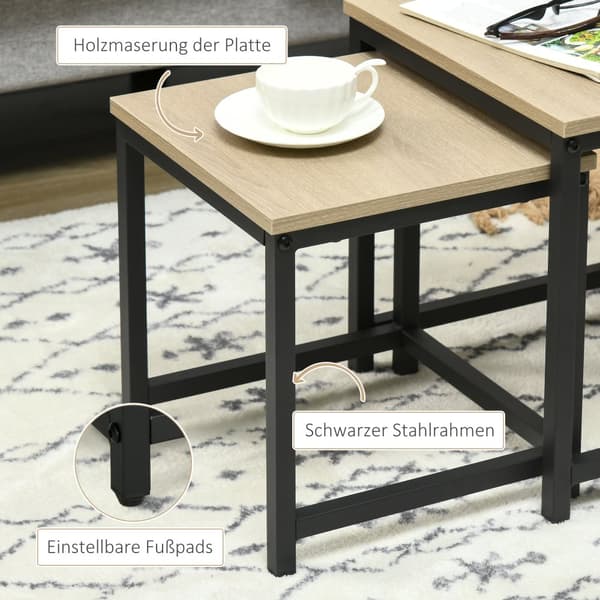 Kaffebord Sæt, 3er-Set, 45x45x44 cm, 40x40x39.5 cm, 34x34x34.5 cm, Naturligt Træ