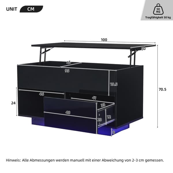 Højglans sofabord med LED-belysning – Hævebart sofabord med opbevaring, hydraulisk lift, 100x50x55 cm, sort