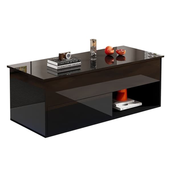 Højglans sofabord med LED-belysning – Hævebart sofabord med opbevaring, hydraulisk lift, 100x50x55 cm, sort