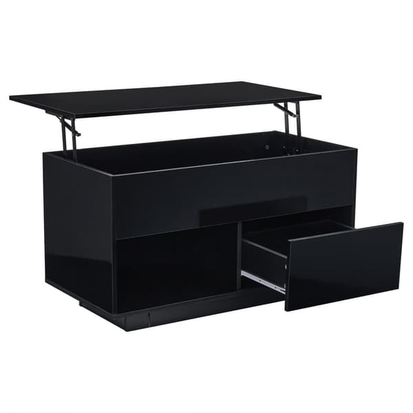 Højglans sofabord med LED-belysning – Hævebart sofabord med opbevaring, hydraulisk lift, 100x50x55 cm, sort