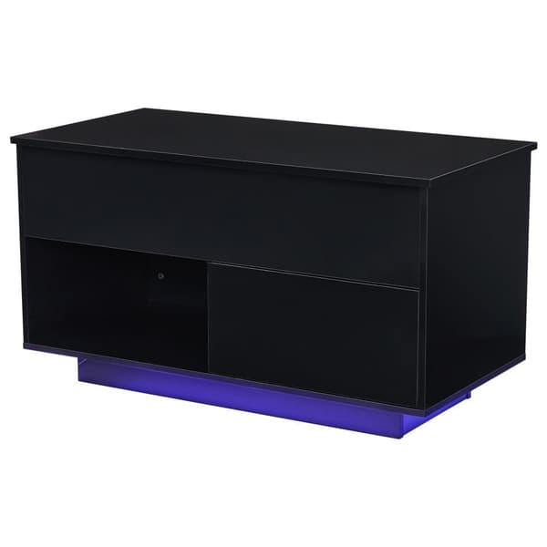 Højglans sofabord med LED-belysning – Hævebart sofabord med opbevaring, hydraulisk lift, 100x50x55 cm, sort