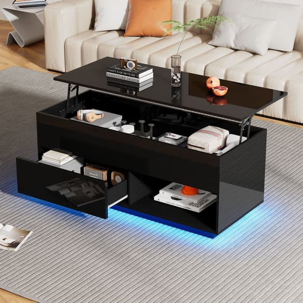 Højglans sofabord med LED-belysning – Hævebart sofabord med opbevaring, hydraulisk lift, 100x50x55 cm, sort