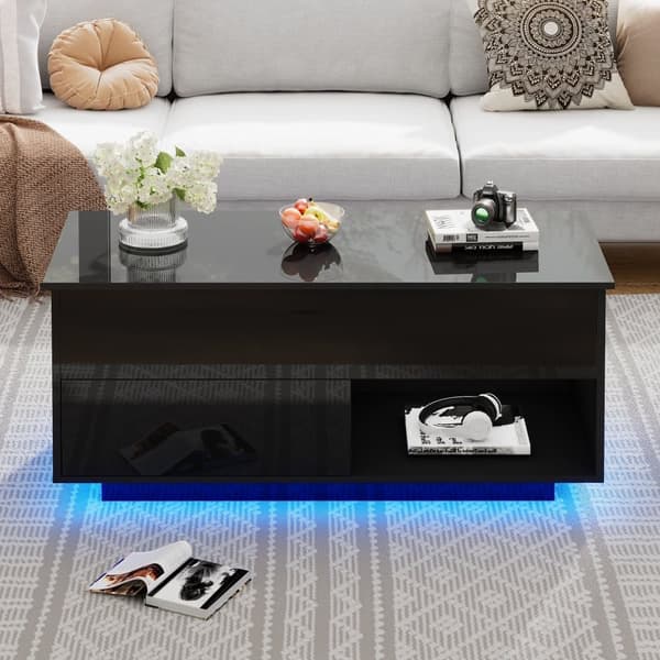 Højglans sofabord med LED-belysning – Hævebart sofabord med opbevaring, hydraulisk lift, 100x50x55 cm, sort