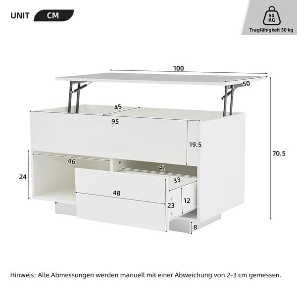 Sofabord i højglans med løfteplade, LED-belysning, 1 skuffe og 50 kg bæreevne – 100x50x55 cm, sort