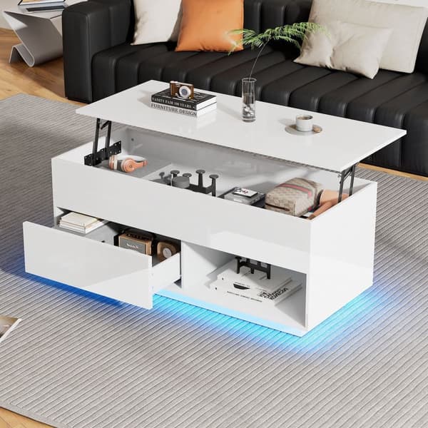 Sofabord i højglans med løfteplade, LED-belysning, 1 skuffe og 50 kg bæreevne – 100x50x55 cm, sort