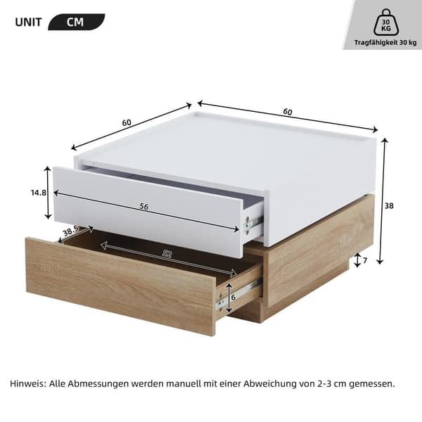 360° drejeligt sofabord med 2 niveauer og opbevaring – Hvidt sidebord med stel i valnød, 60x60x38 cm, moderne stuebord