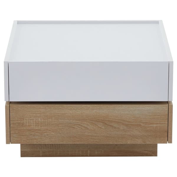 360° drejeligt sofabord med 2 niveauer og opbevaring – Hvidt sidebord med stel i valnød, 60x60x38 cm, moderne stuebord