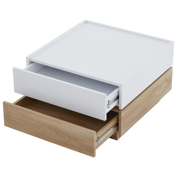 360° drejeligt sofabord med 2 niveauer og opbevaring – Hvidt sidebord med stel i valnød, 60x60x38 cm, moderne stuebord