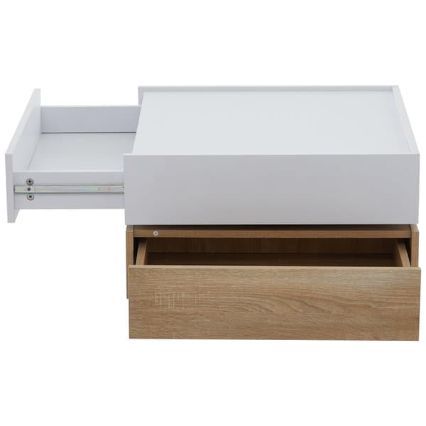 360° drejeligt sofabord med 2 niveauer og opbevaring – Hvidt sidebord med stel i valnød, 60x60x38 cm, moderne stuebord