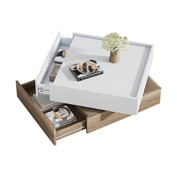 360° drejeligt sofabord med 2 niveauer og opbevaring – Hvidt sidebord med stel i valnød, 60x60x38 cm, moderne stuebord
