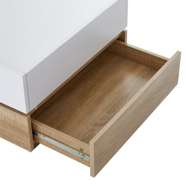360° drejeligt sofabord med 2 niveauer og opbevaring – Hvidt sidebord med stel i valnød, 60x60x38 cm, moderne stuebord