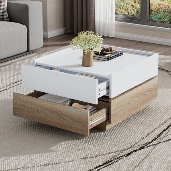 360° drejeligt sofabord med 2 niveauer og opbevaring – Hvidt sidebord med stel i valnød, 60x60x38 cm, moderne stuebord