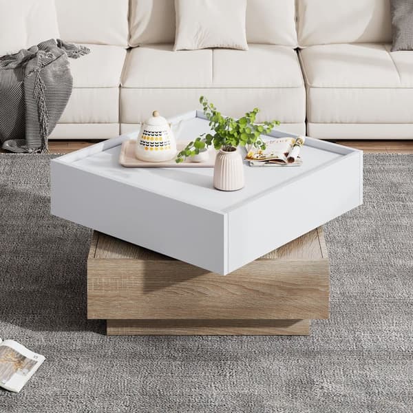 360° drejeligt sofabord med 2 niveauer og opbevaring – Hvidt sidebord med stel i valnød, 60x60x38 cm, moderne stuebord