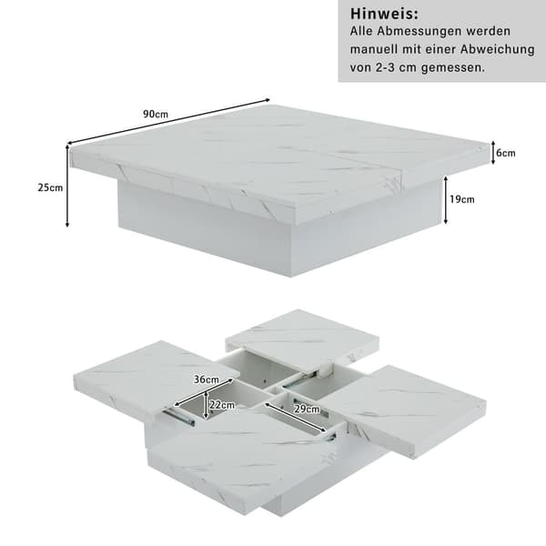 Moderne hvidt sofabord i marmorlook – Firkantet 90x90x25 cm med 4 skuffer og skydebordplade, bæreevne 30 kg