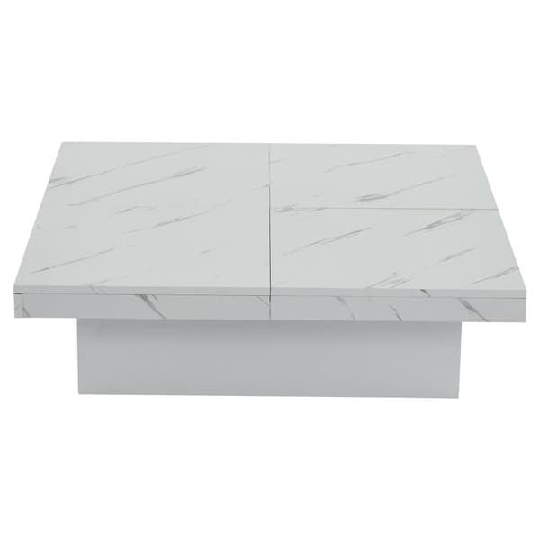 Moderne hvidt sofabord i marmorlook – Firkantet 90x90x25 cm med 4 skuffer og skydebordplade, bæreevne 30 kg