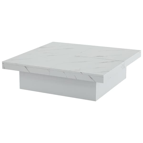 Moderne hvidt sofabord i marmorlook – Firkantet 90x90x25 cm med 4 skuffer og skydebordplade, bæreevne 30 kg