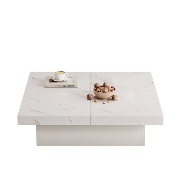 Moderne hvidt sofabord i marmorlook – Firkantet 90x90x25 cm med 4 skuffer og skydebordplade, bæreevne 30 kg