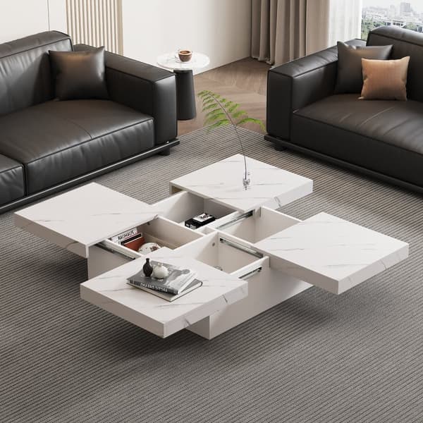Moderne hvidt sofabord i marmorlook – Firkantet 90x90x25 cm med 4 skuffer og skydebordplade, bæreevne 30 kg