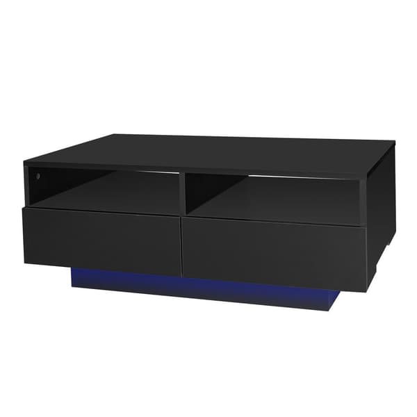 LED-soffbord i högglans med 4 lådor – Modern vardagsrumsbord med 16-färgs LED-belysning, USB, för sovrum och vardagsrum