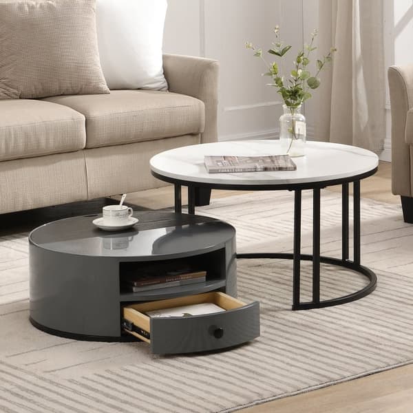 Satsbord i 2 delar – Svart och grå marmordesign med förvaring, högglansyta, elegant nesting soffbord