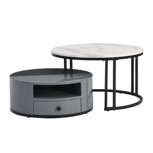 Satsbord i 2 delar – Svart och grå marmordesign med förvaring, högglansyta, elegant nesting soffbord