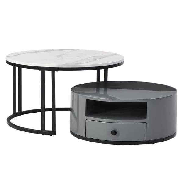 Satsbord i 2 delar – Svart och grå marmordesign med förvaring, högglansyta, elegant nesting soffbord