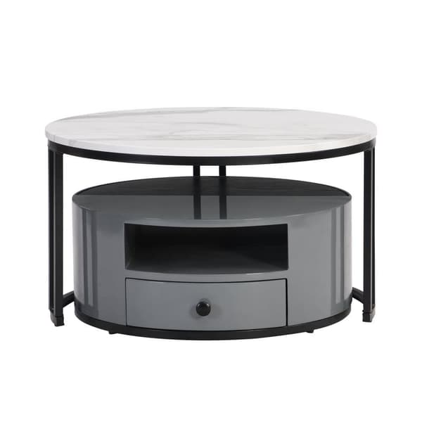 Satsbord i 2 delar – Svart och grå marmordesign med förvaring, högglansyta, elegant nesting soffbord
