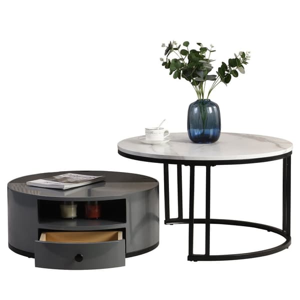 Satsbord i 2 delar – Svart och grå marmordesign med förvaring, högglansyta, elegant nesting soffbord