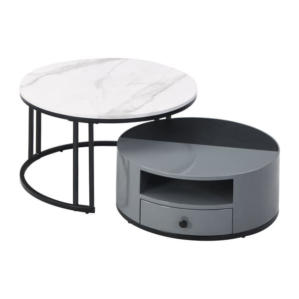 Satsbord i 2 delar – Svart och grå marmordesign med förvaring, högglansyta, elegant nesting soffbord