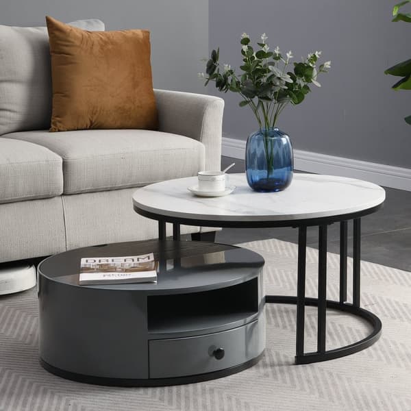 Satsbord i 2 delar – Svart och grå marmordesign med förvaring, högglansyta, elegant nesting soffbord