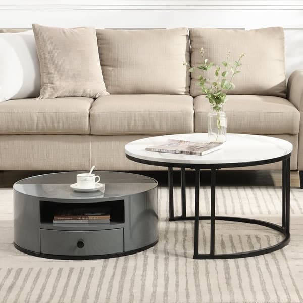 Satsbord i 2 delar – Svart och grå marmordesign med förvaring, högglansyta, elegant nesting soffbord