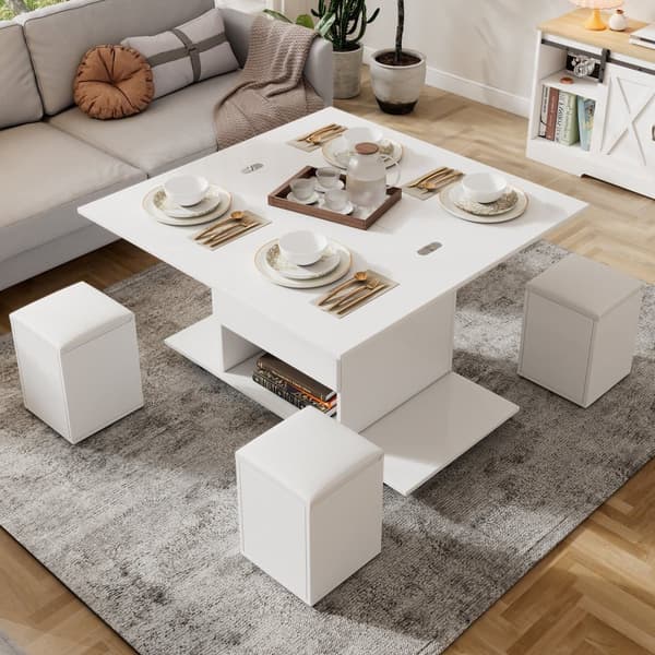 Lyftbart multifunktionellt soffbord – Vitt 2-i-1 bord med förvaring, modern design för vardagsrum, kontor eller matplats