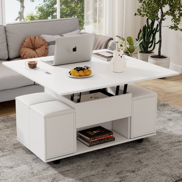 Lyftbart multifunktionellt soffbord – Vitt 2-i-1 bord med förvaring, modern design för vardagsrum, kontor eller matplats