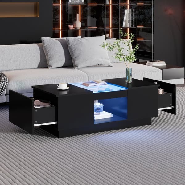 Sort sofabord 100x50x35,5 cm med glasdetaljer, LED-belysning (App-styret), 2 skuffer og 1 åben hylde – moderne stuebord
