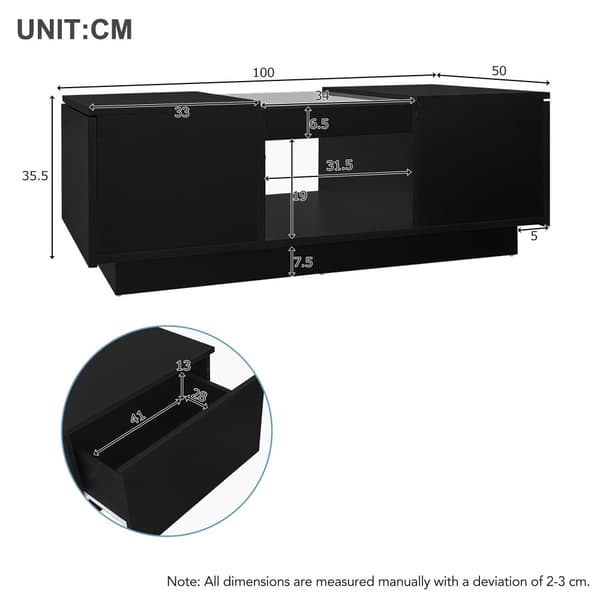 Sort sofabord 100x50x35,5 cm med glasdetaljer, LED-belysning (App-styret), 2 skuffer og 1 åben hylde – moderne stuebord