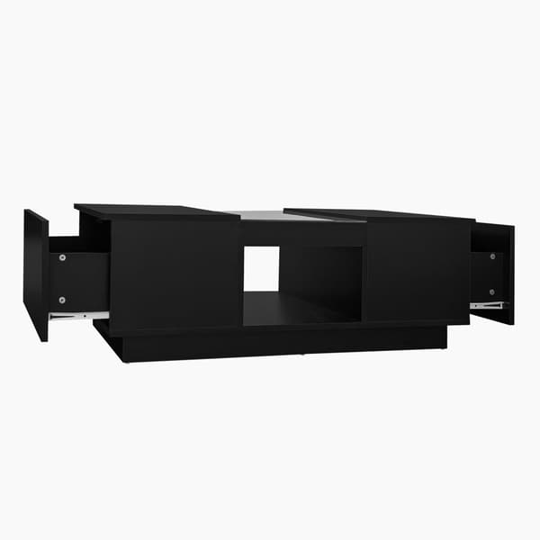 Sort sofabord 100x50x35,5 cm med glasdetaljer, LED-belysning (App-styret), 2 skuffer og 1 åben hylde – moderne stuebord
