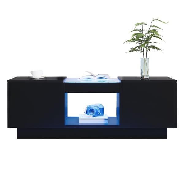 Sort sofabord 100x50x35,5 cm med glasdetaljer, LED-belysning (App-styret), 2 skuffer og 1 åben hylde – moderne stuebord