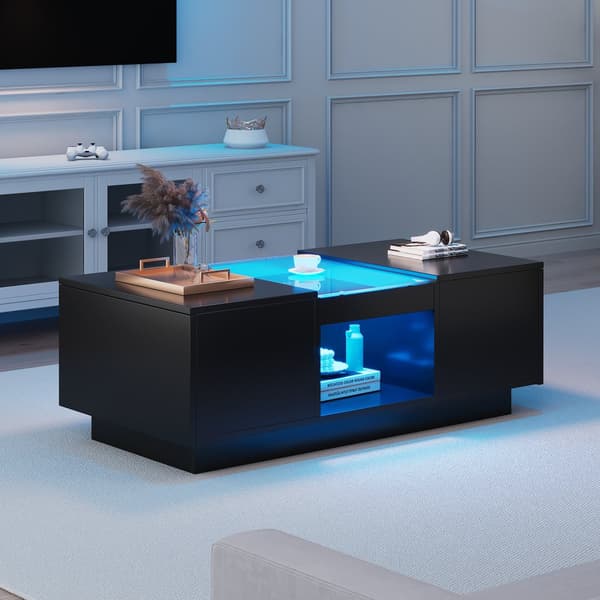 Sort sofabord 100x50x35,5 cm med glasdetaljer, LED-belysning (App-styret), 2 skuffer og 1 åben hylde – moderne stuebord