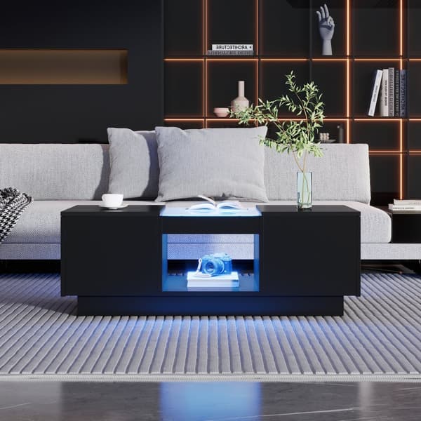 Sort sofabord 100x50x35,5 cm med glasdetaljer, LED-belysning (App-styret), 2 skuffer og 1 åben hylde – moderne stuebord