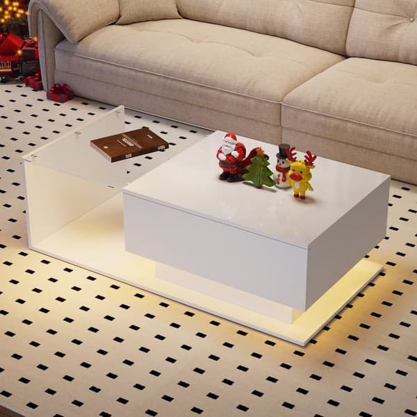 Högblank vit soffbord 100x50x32 cm med glasplatta, låda, LED-belysning, reptålig – modern stil
